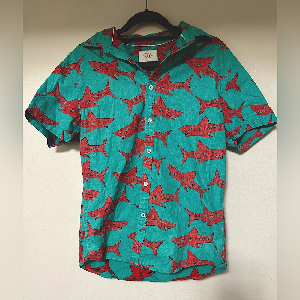 Zip Code 92 Shark Graphic Button Down Shirt size S
